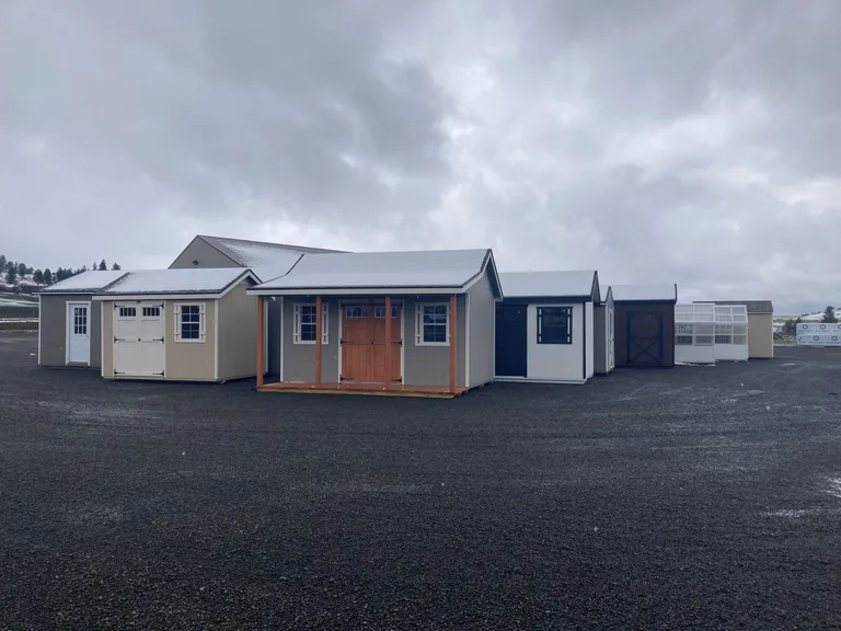 Storage sheds and portable buildings on the Clearwater Barns display lot